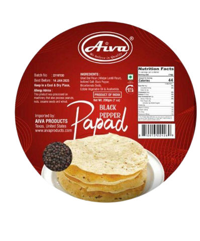 Aiva Pappadums (Indian Lentil Wafer Snack) Black Pepper Papad